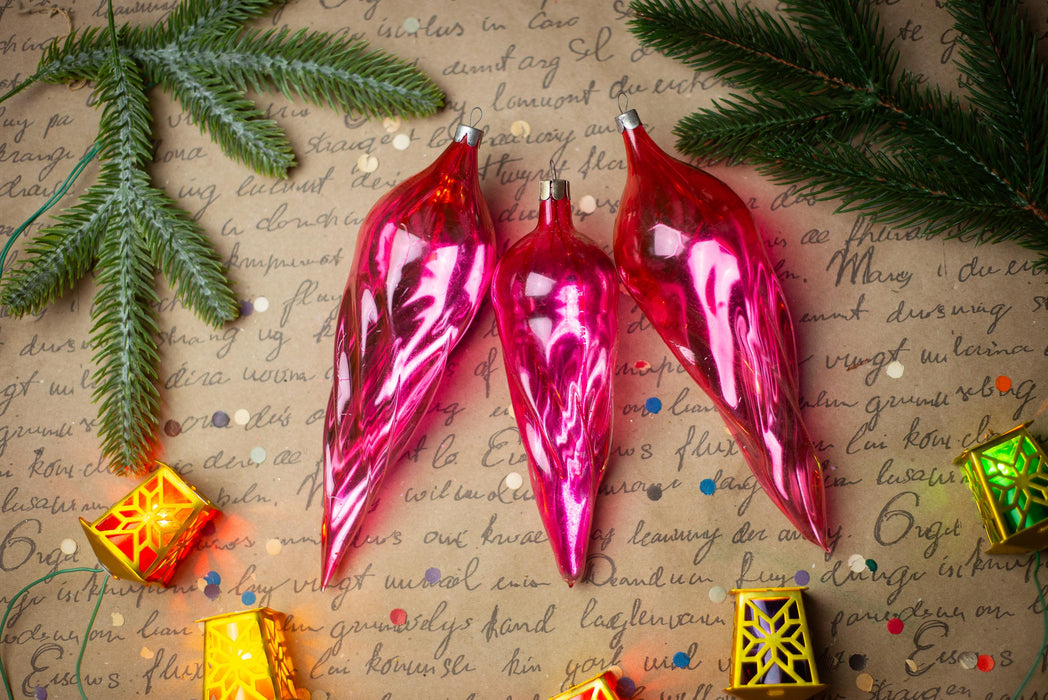 Pink Glass Icicle Christmas Ornaments, Vintage Set of 3
