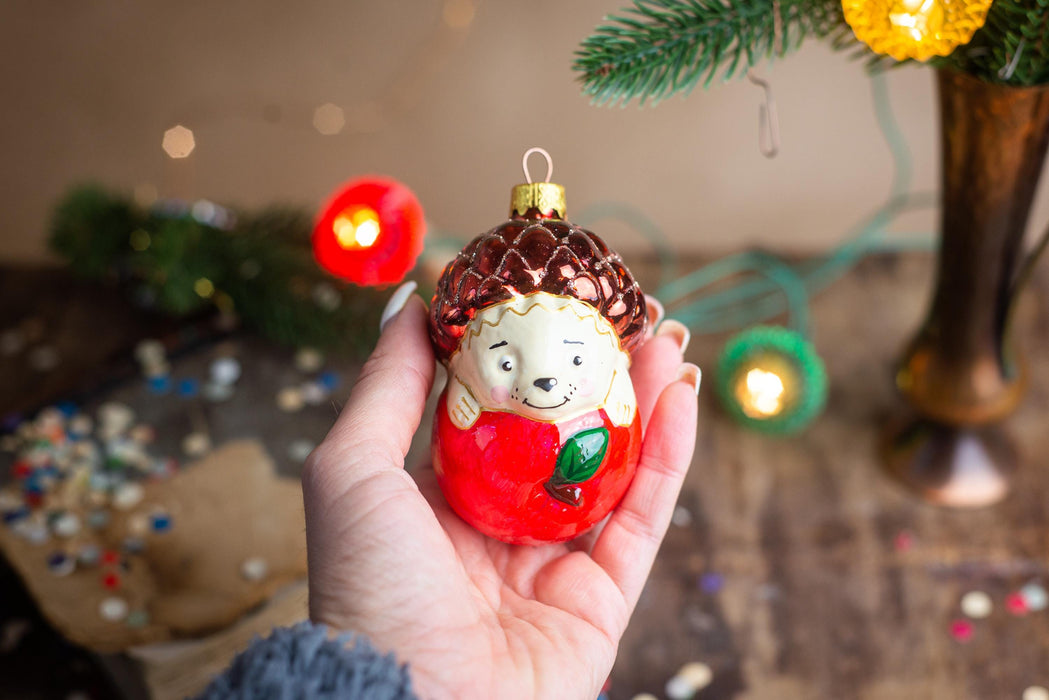 Vintage Glass Hedgehog Ornament with Apple, Woodland