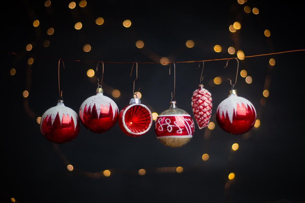 Vintage GDR Red and White Christmas Ornaments, Thin Glass Baubles & Pinecone 60s