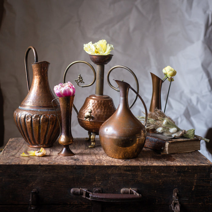 Vintage brass pitcher, metal water jug, rustic metal flower vase,