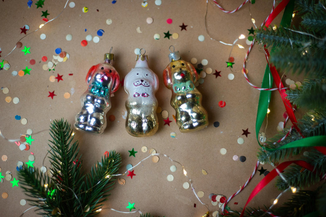 Vintage Glass Dog Ornament with Bowtie, Mid Century