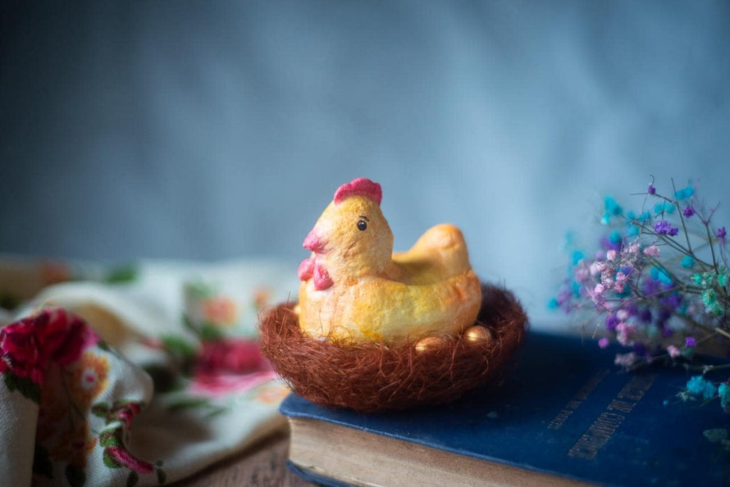 Broody Chicken Figurine – Rustic Easter Decor Paper Mache Doll With Eggs