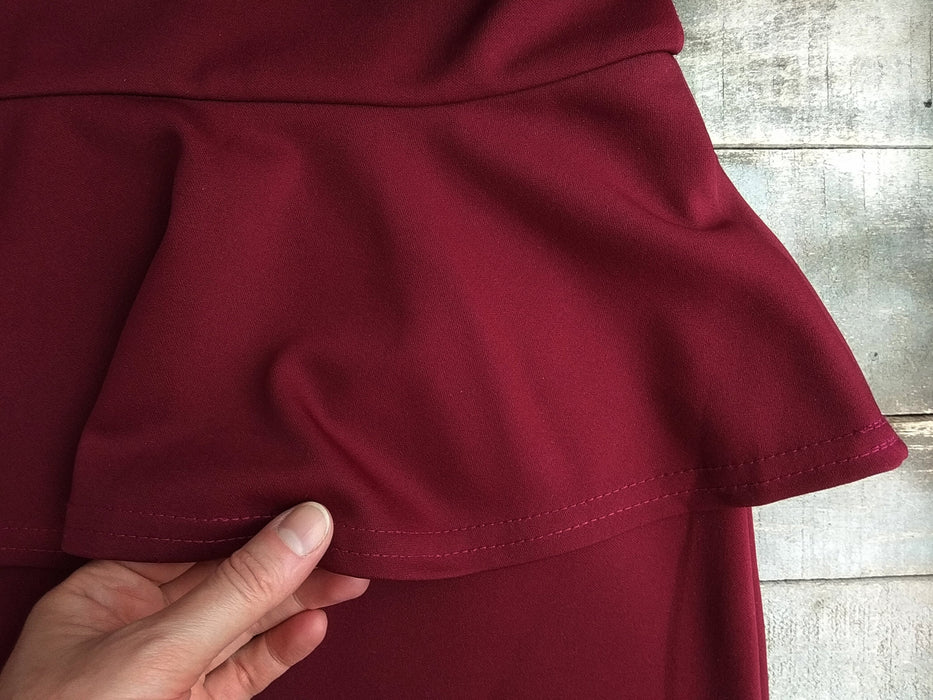 Vintage Peplum Dress - Burgundy Midi Knee Length Sheath With Deep V-Neck