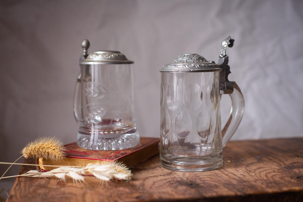 Vintage Glass Beer Stein with Pewter Lid German Barware Tankard