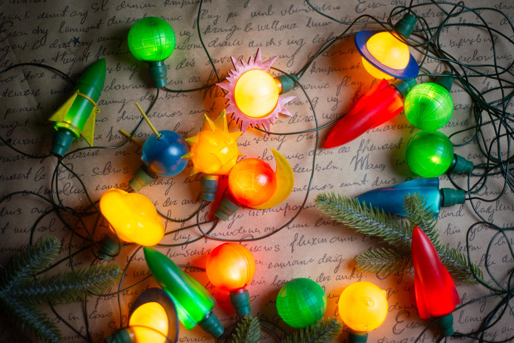 Vintage Space Christmas Lights, Rocket Tree Garland, Working Retro Christmas String Lights