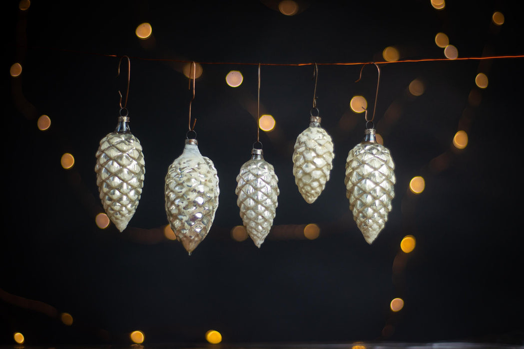 Vintage Rainbow Pine Cone Ornaments, GDR 1960s Thin Glass Set