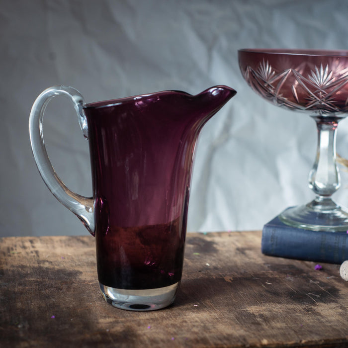 Vintage Amethyst Glass Pitcher & Czech Crystal Fruit Bowl, Mid Century Retro Tableware, 70s Purple Glass