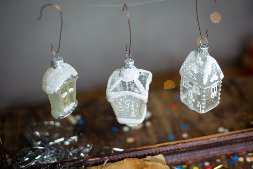 Frosted Glass House Ornament, White Winter Village