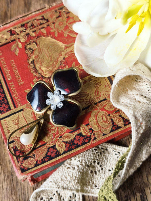 Vintage Flower Brooch Wine Red Glass Art Deco Faux Pearl Pendant Pin