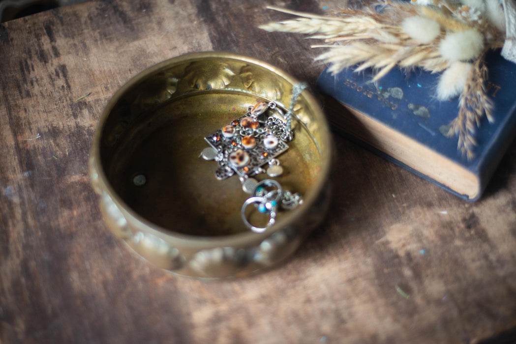 Vintage Brass Planter Bowl | German Brass Dish With Embossed Floral Pattern