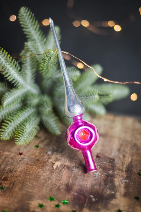 Vintage Silver & Orange Indent Glass Tree Topper – 1960s