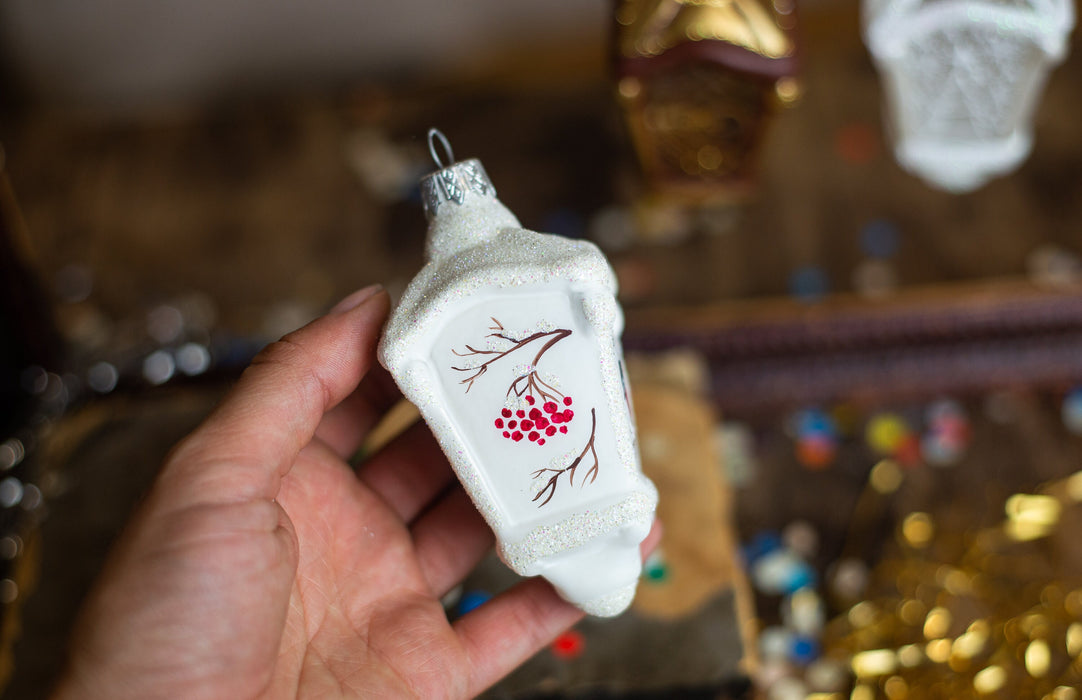 Vintage Glass Lantern Ornament, Hand Painted Christmas