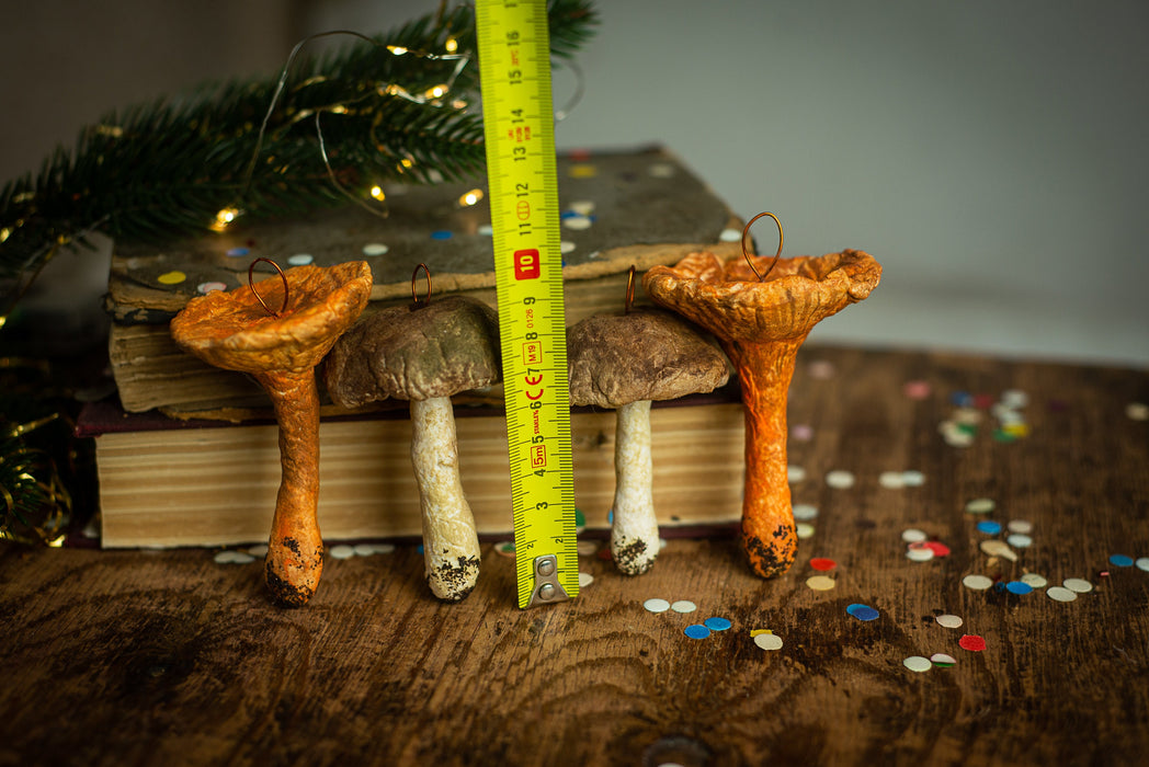 Mushroom spun cotton ornaments, Chanterelle mushroom, Xmas tree accents