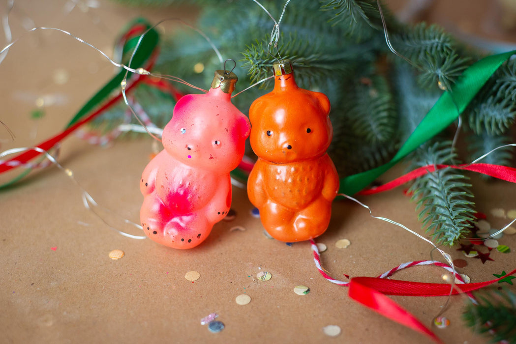 Vintage Pink & Orange Glass Bear Christmas Ornament