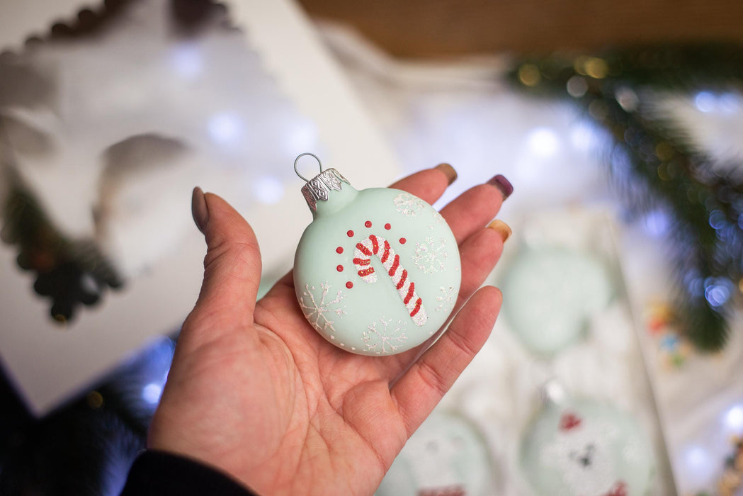 Set of 6 glass Christmas ornaments, cute Xmas tree hanging decorations