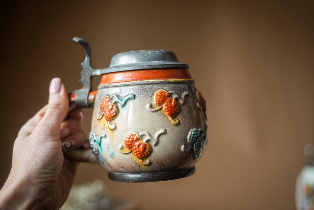 Vintage Ceramic Beer Stein with Lid Handpainted Rustic Floral Tankard