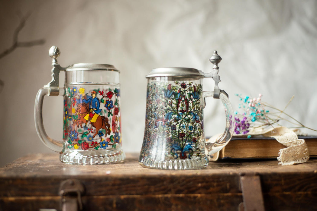 Vintage German Glass Beer Stein with Pewter Lid Medieval & Floral Tankard