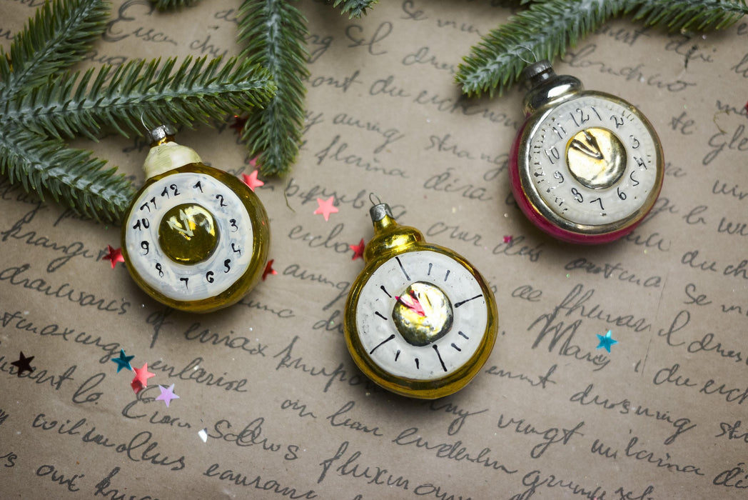 Vintage Clock Christmas Ornament, Mid Century Glass Tree