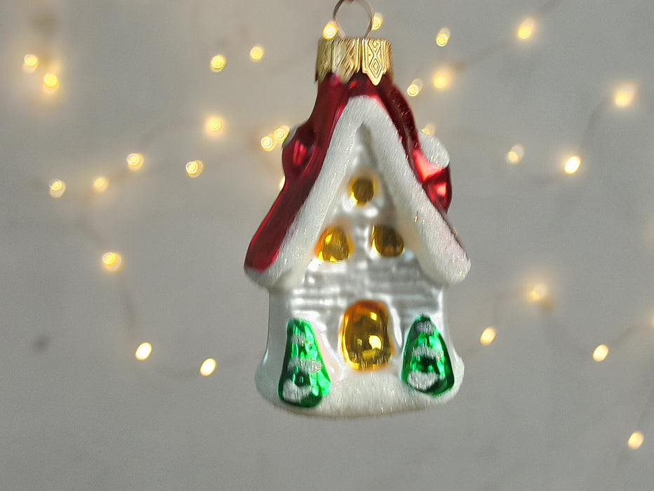 Glass Cottage Christmas Ornament, Hand Blown Holiday