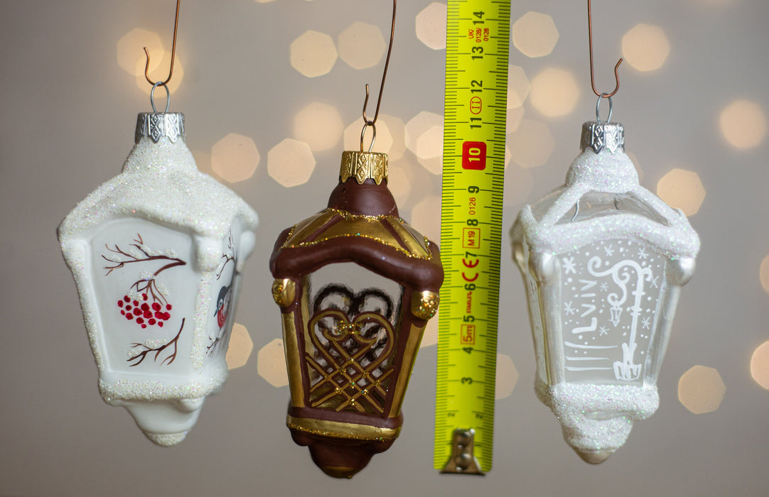 Vintage Glass Lantern Ornament, Hand Painted Christmas