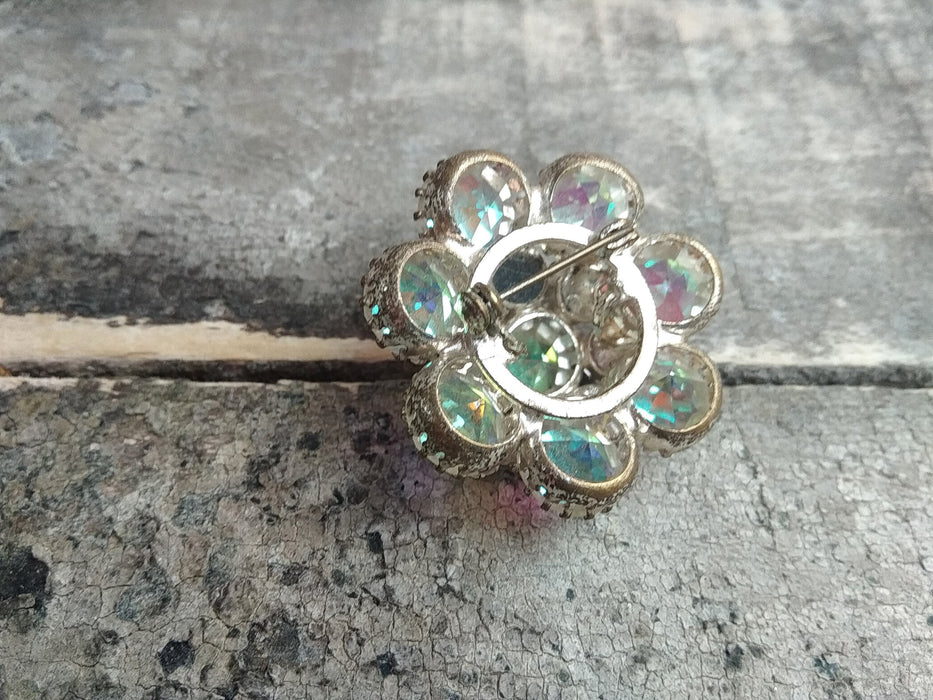 Vintage Rhinestone Flower Brooch, Round Sparkling Pin 1970s Jewelry