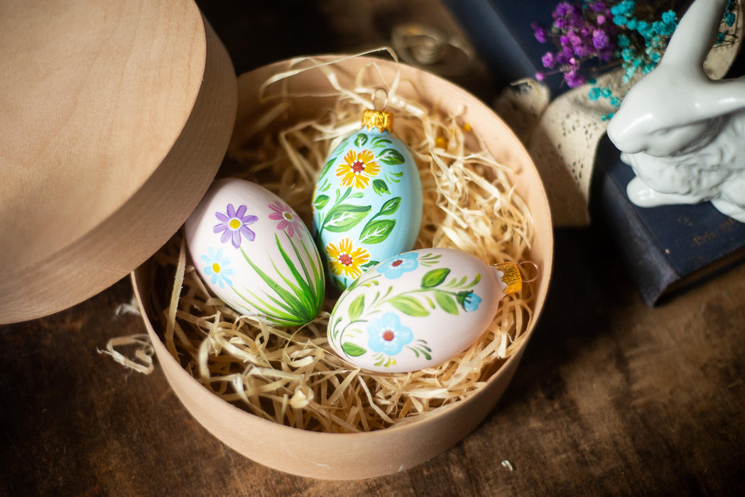 Glass Easter Eggs - Set of 6 Hand Painted Floral Hanging Ornaments for Easter Tree