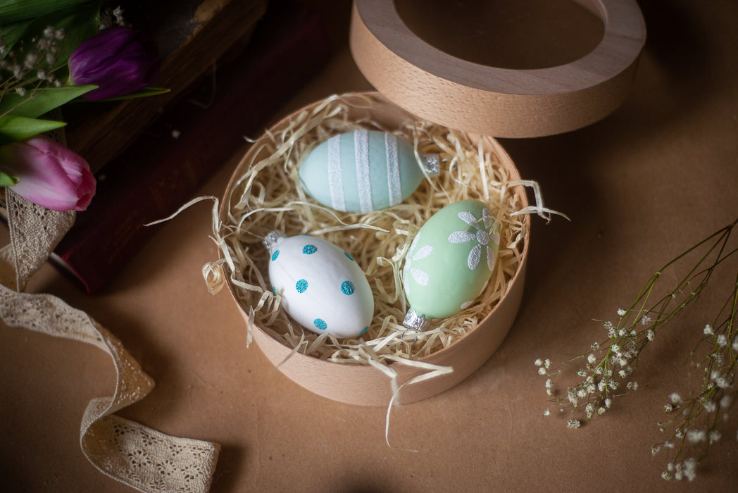 Hand Blown Glass Easter Eggs Set, Pastel Spring Decor with Wooden Box Option