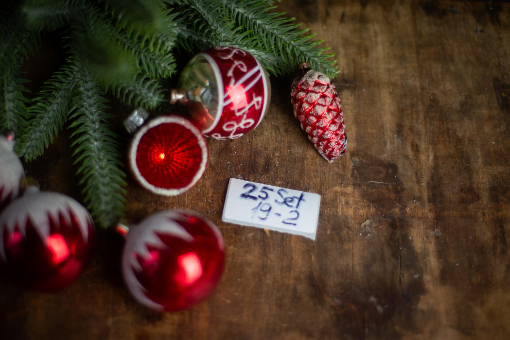 Vintage GDR Red and White Christmas Ornaments, Thin Glass Baubles & Pinecone 60s