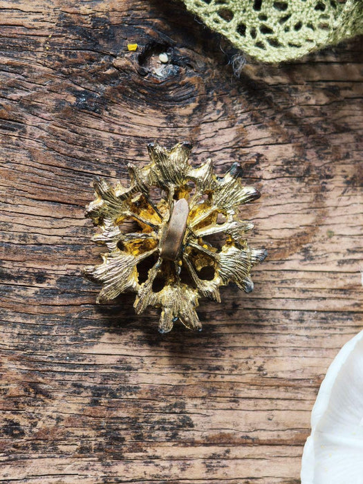 Vintage Rhinestone Brooch, Gold Tone Statement Pin Mid Century Elegant Jewelry