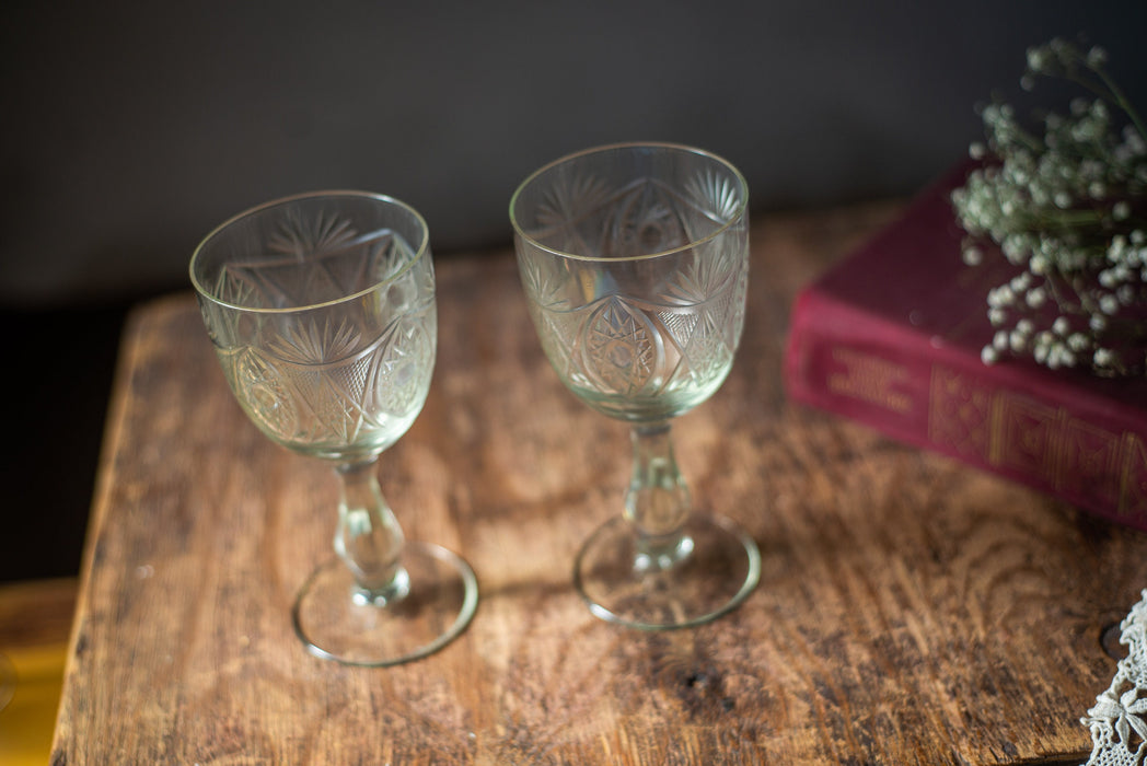 Vintage Etched Crystal Sherry Glasses – Set of 2