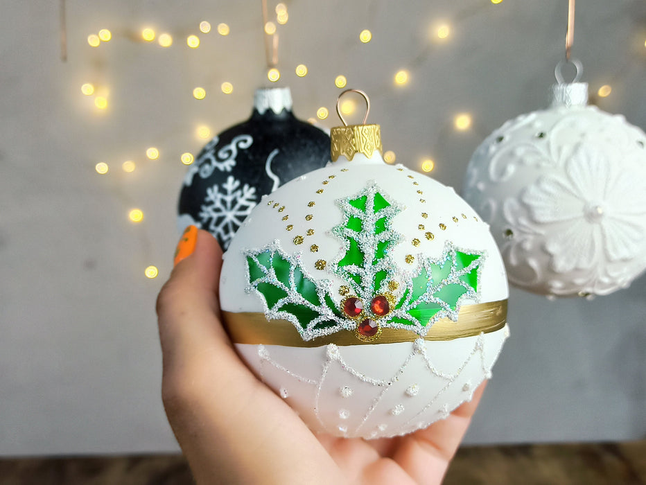 Black White Christmas Baubles Set, Hand Painted Glass
