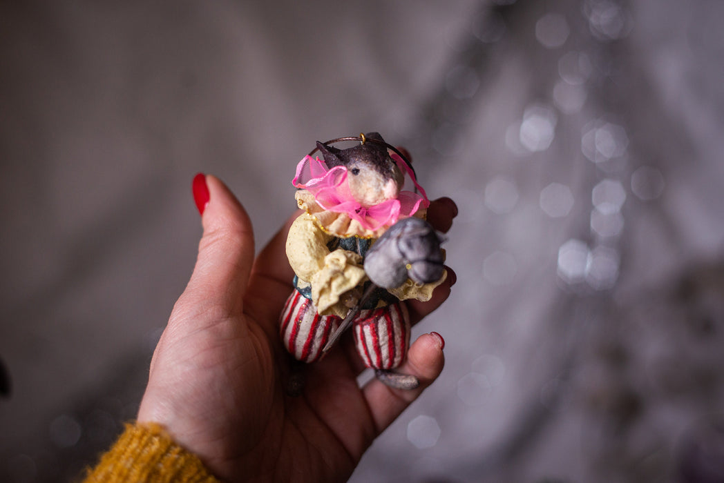 Spun cotton Christmas ornament,  Clown mouse figurine, vintage inspired