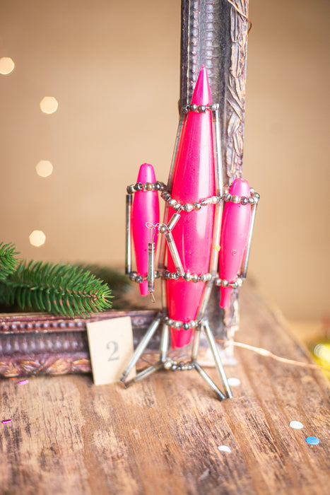 Vintage Rocket Ornament, Hot Pink 1950s Glass Beaded Montage