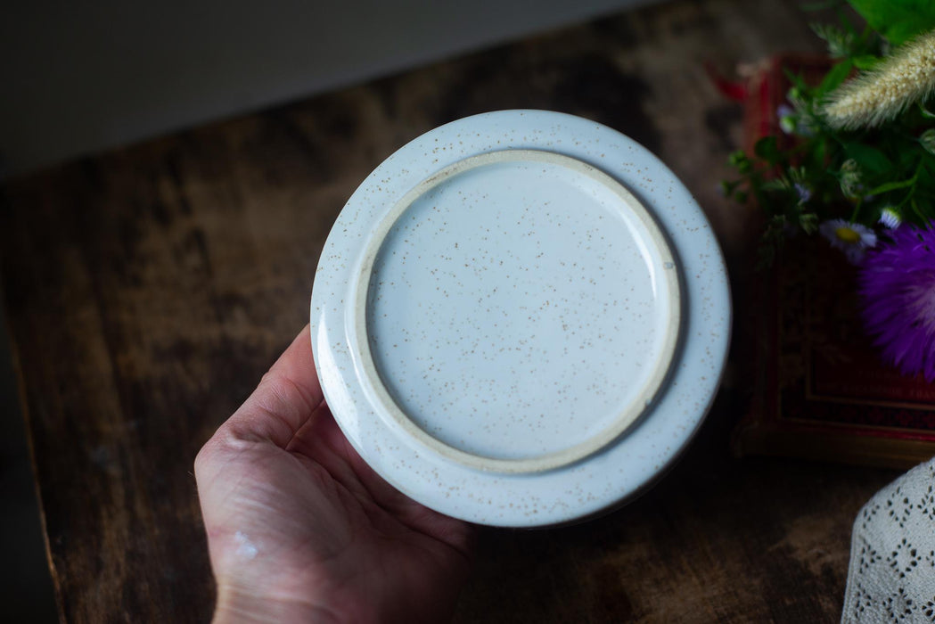 A hand is holding a white ceramic plate with a speckled design on it, placed on a wooden surface.