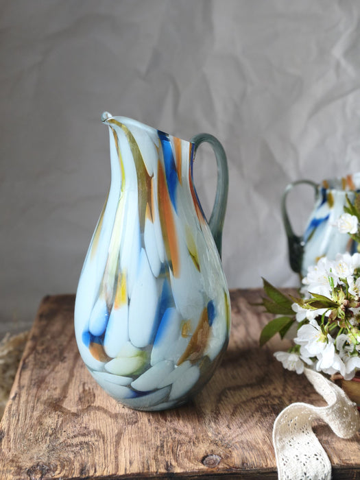 Murano Style Glass Pitcher, Hand-Blown 1970s Colorful Jug Vase In