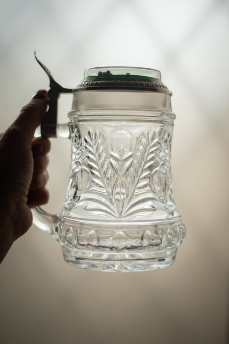 Vintage Glass Beer Mug with Game Lid, German Stein Tankard Barware