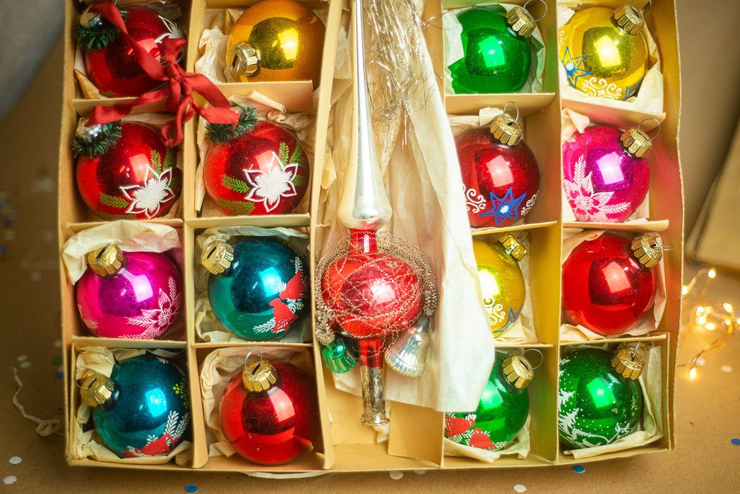 Vintage Hand Blown Glass Christmas Ornament Set: Tree Topper & Balls, German Made