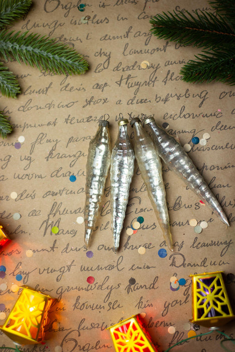 Silver Glass Icicle Christmas Ornaments, Set of 4 – 11 cm