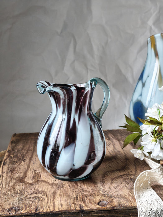 Murano Style Glass Pitcher, Hand-Blown 1970s Colorful Jug Vase In