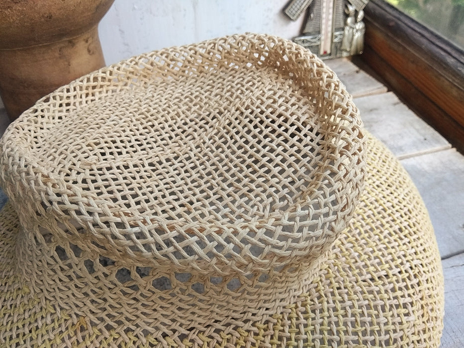 Vintage 1990s Straw Sun Hat, Translucent Light Yellow Wide Brim Boho Style