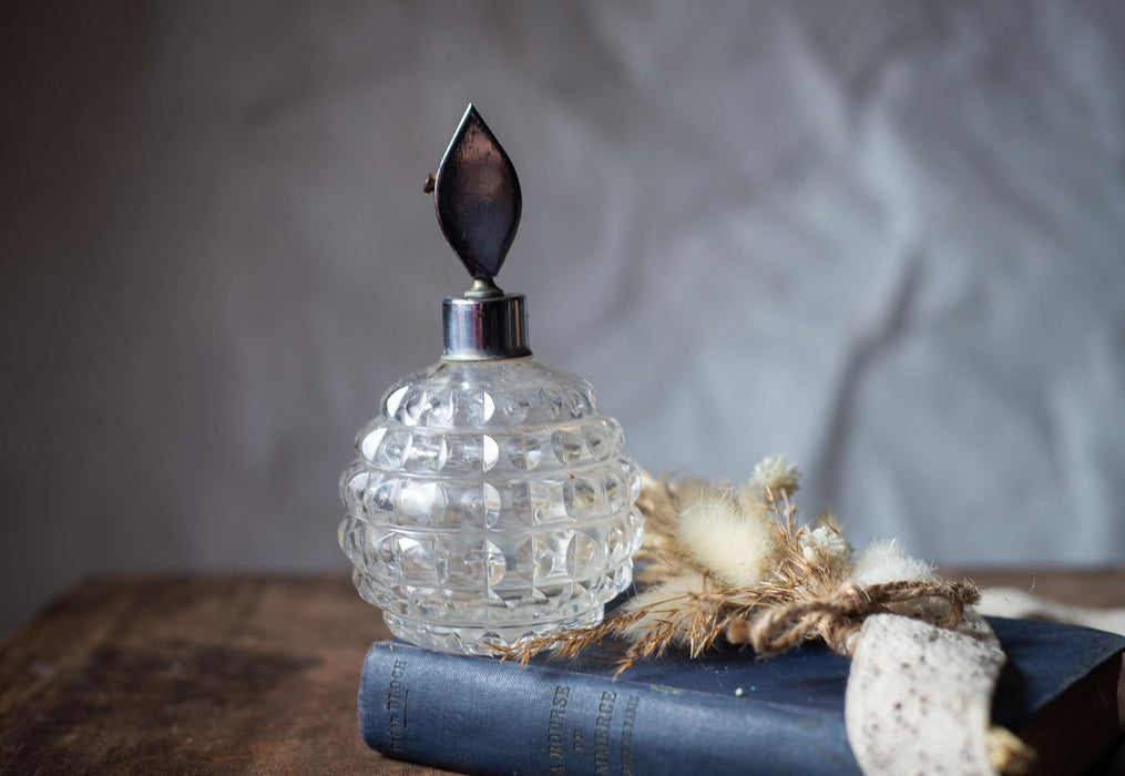 Vintage Glass Perfume Bottle, Textured Vanity Scent Decanter with Metal Stopper
