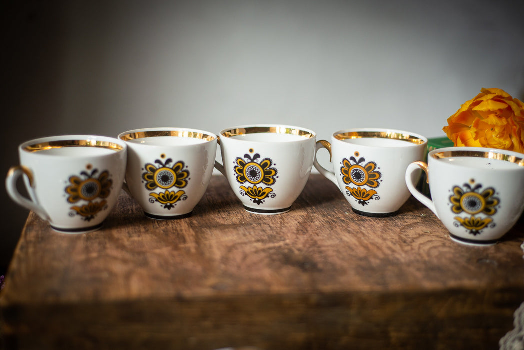 Vintage Ceramic Tea Set with Gold Trim, Boho Floral Cups Sugar Bowl and Jug