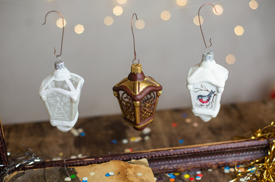 Vintage Glass Lantern Ornament, Hand Painted Christmas