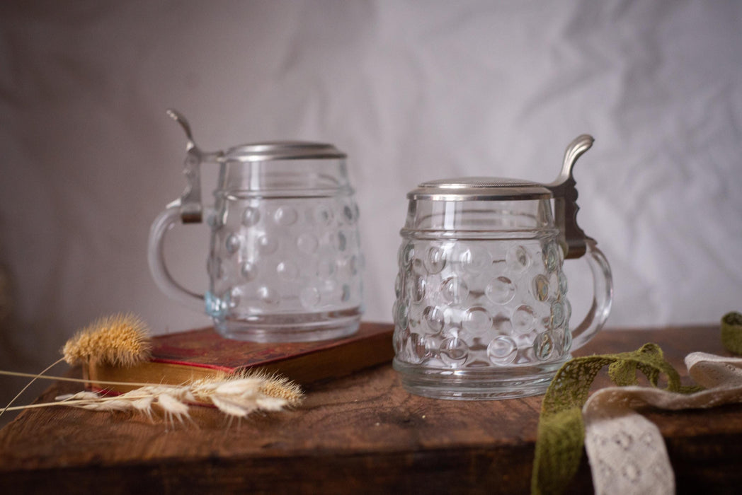 Vintage German Glass Beer Stein with Metal Lid Classic Barware Tankard