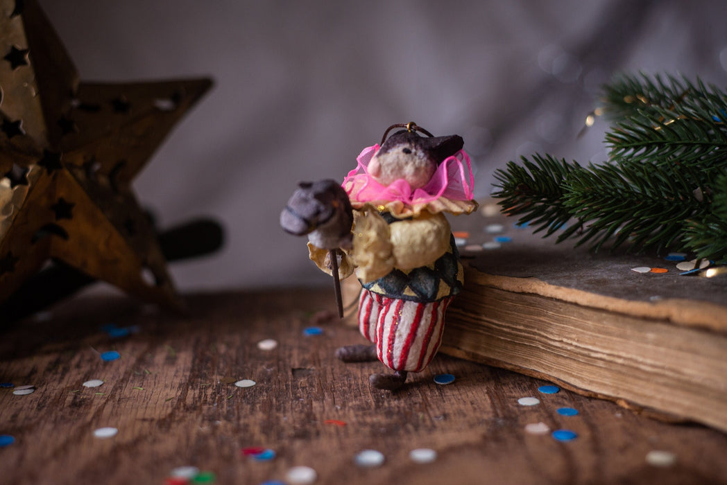 Spun cotton Christmas ornament,  Clown mouse figurine, vintage inspired