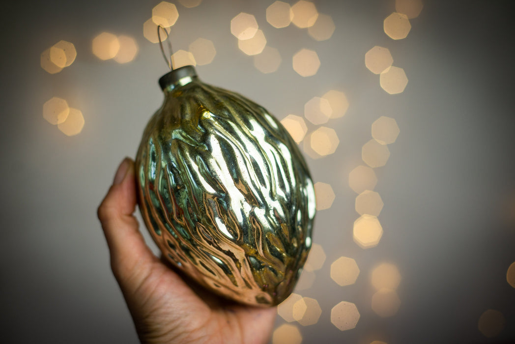 Large Vintage Glass Walnut Ornament, Gold Christmas Tree