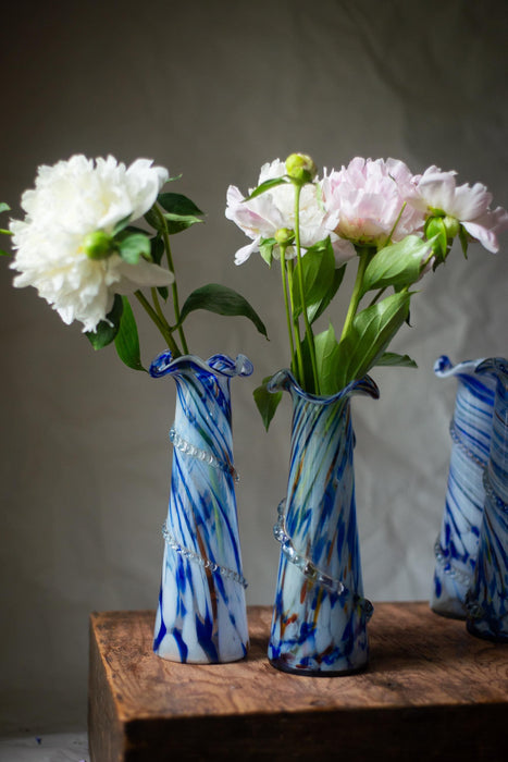 Murano Glass Vase, vintage Blue White Cobalt Swirl Mid Century, Boho flower vase