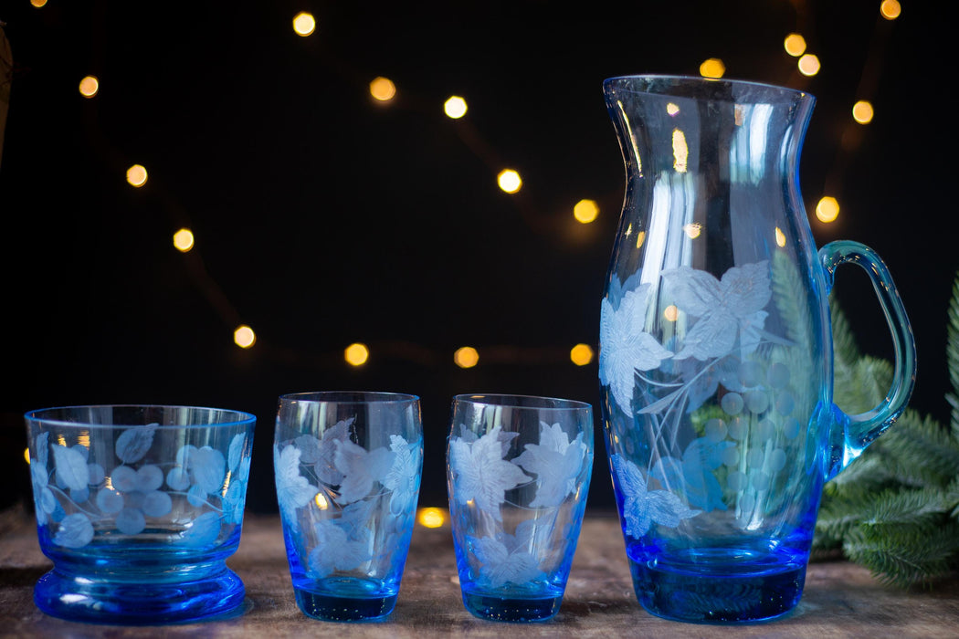 Vintage Blue Glass Drinkware Set – 1970s Barware
