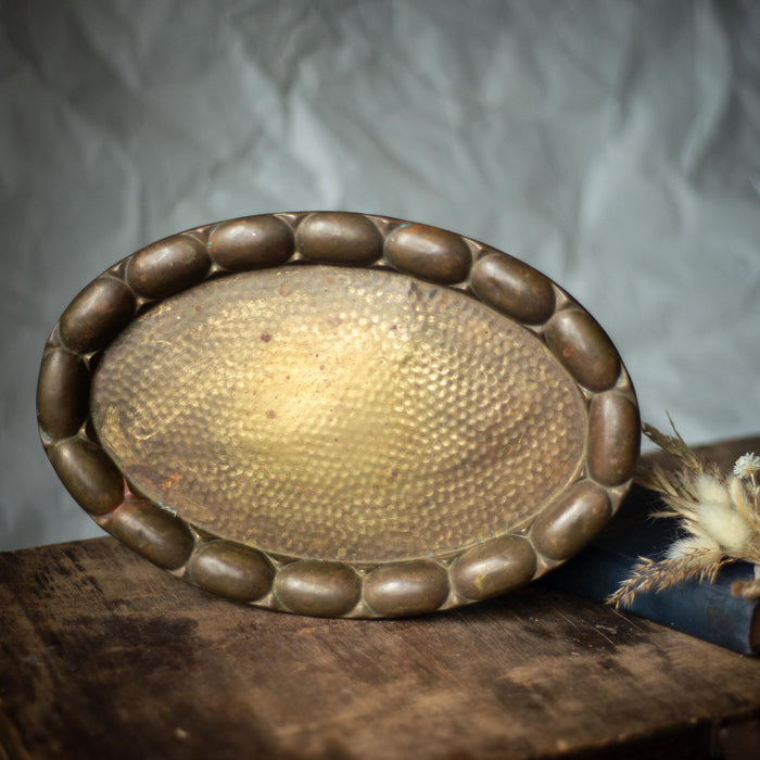 Vintage Brass Tray - 1950s German Oval Hammered Metal Serving Platter