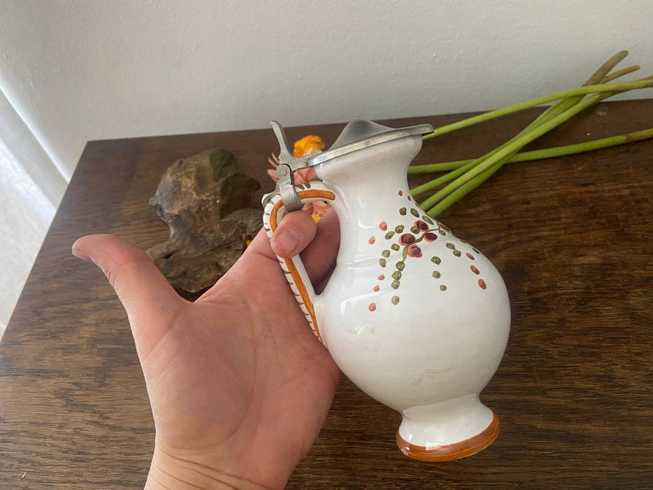 Flower Ceramic wine jug with metal lid, vintage carafe, 1970s German pitcher